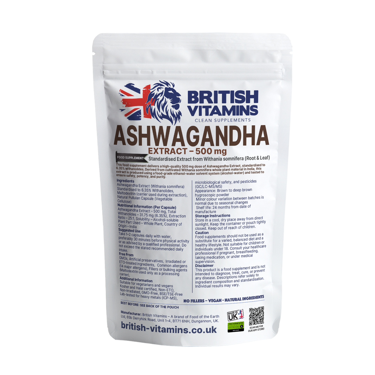 Ashwagandha 500mg High Strength Extract British Vitamins 120 Capsules