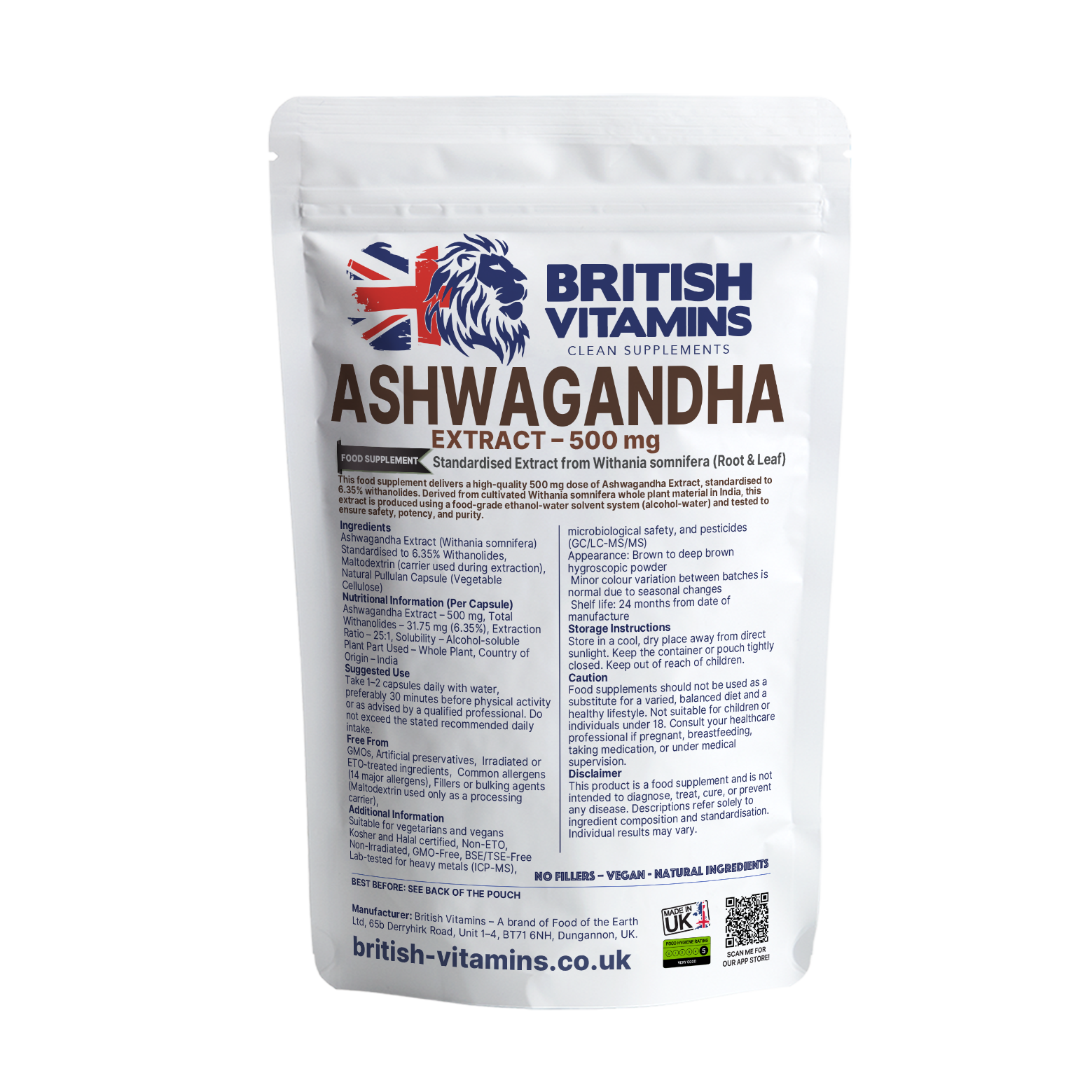 Ashwagandha 500mg High Strength Extract British Vitamins 120 Capsules
