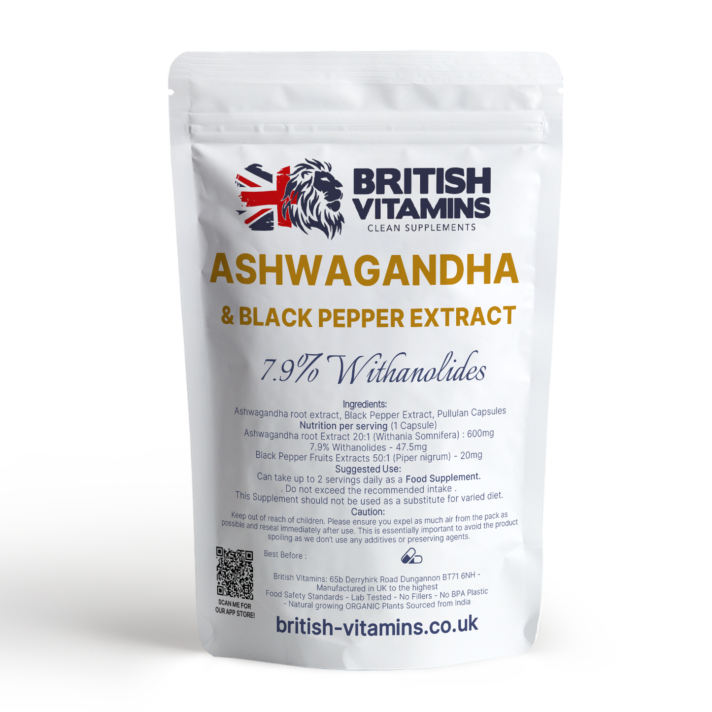 Ashwagandha 600mg contains 7.9% Withanolides with Black pepper Health & Beauty:Vitamins & Lifestyle Supplements:Vitamins & Minerals British Vitamins 60 Capsules