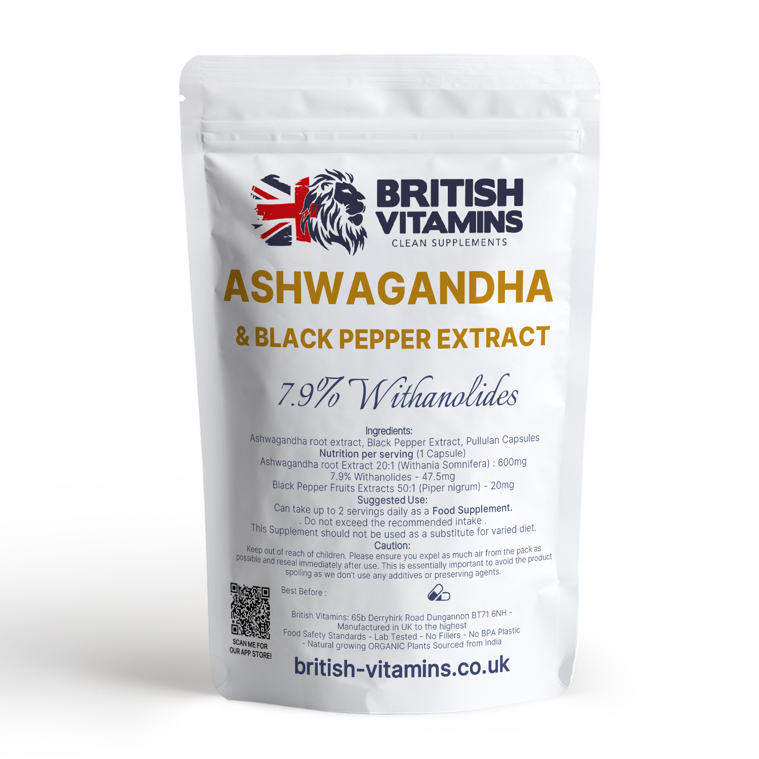 Ashwagandha 600mg contains 7.9% Withanolides with Black pepper Health & Beauty:Vitamins & Lifestyle Supplements:Vitamins & Minerals British Vitamins 60 Capsules