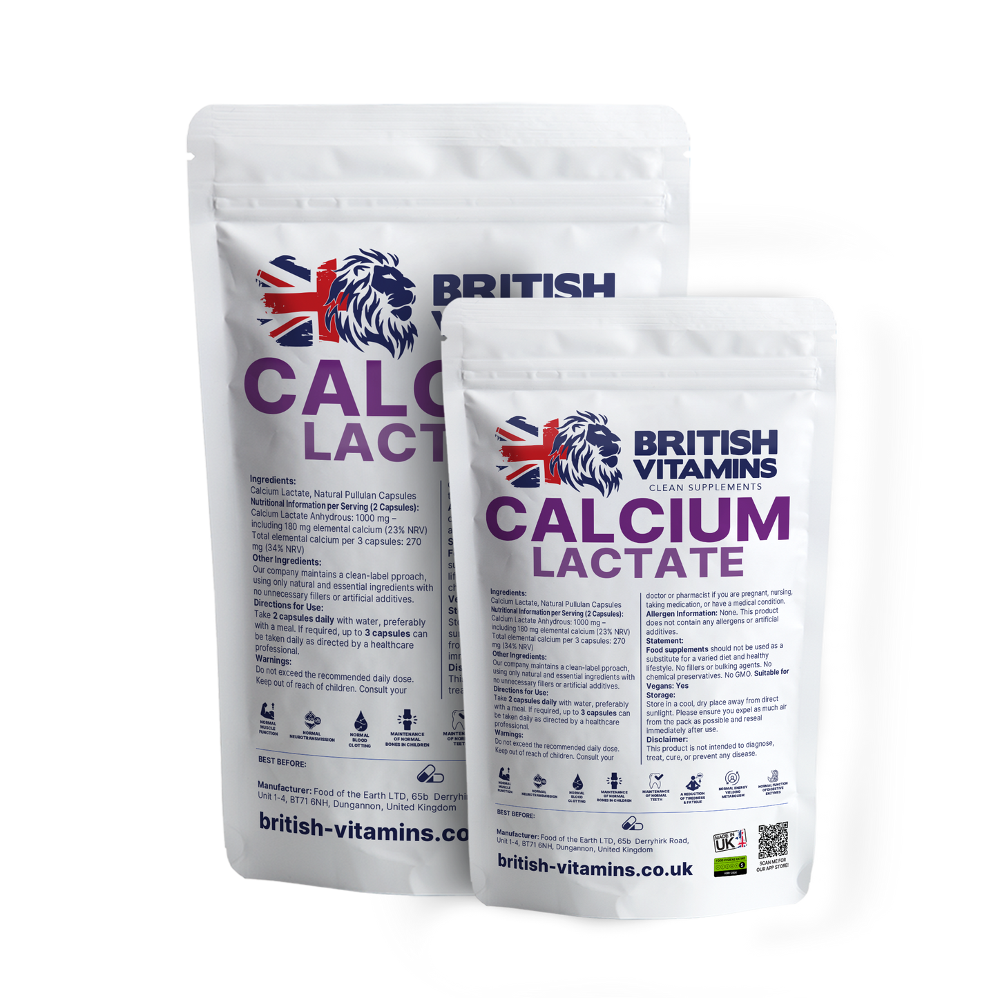 Calcium Lactate 1000mg 180mg Elemental Calcium Clean-Label British Vitamins