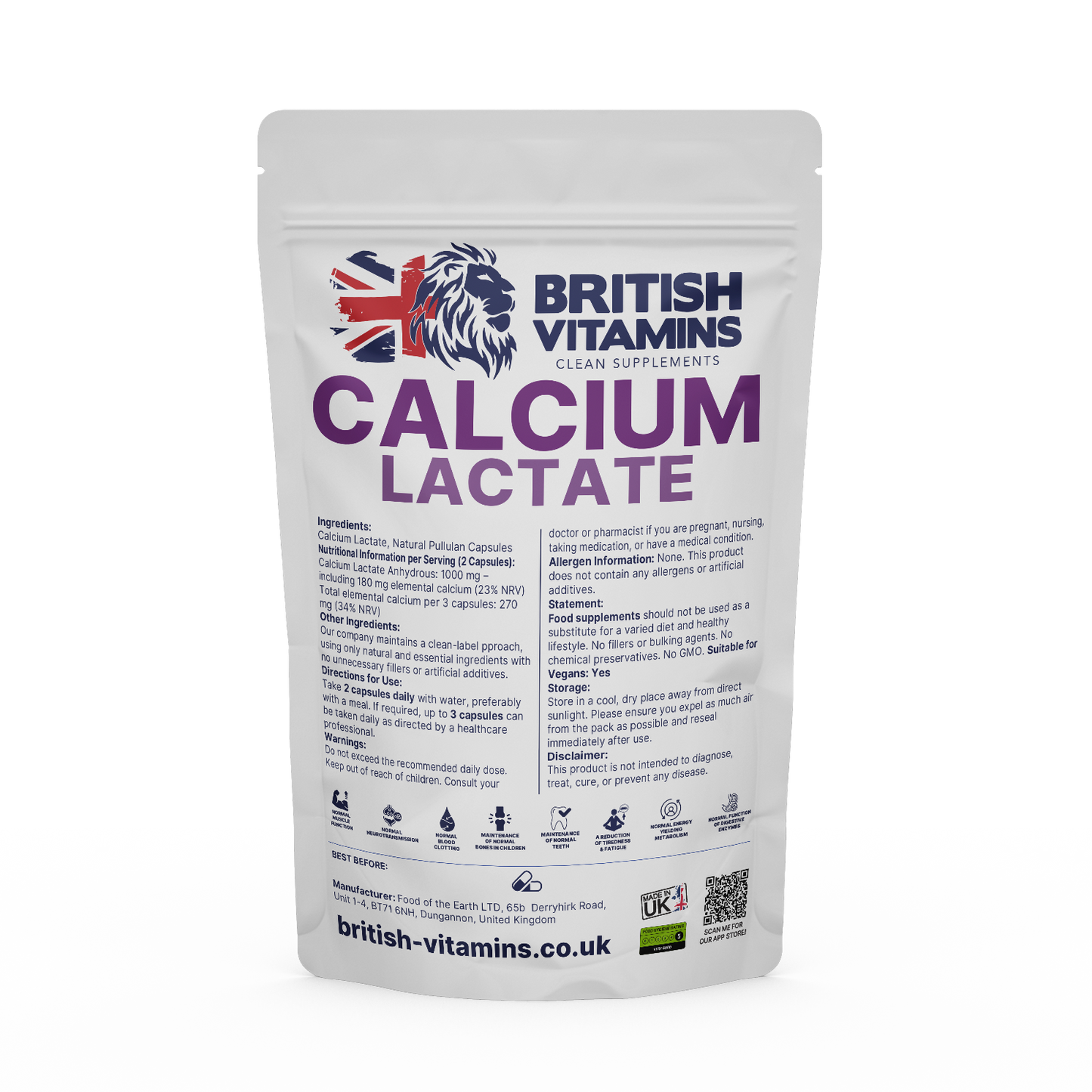 Calcium Lactate 1000mg 180mg Elemental Calcium Clean-Label British Vitamins 60 Capsules