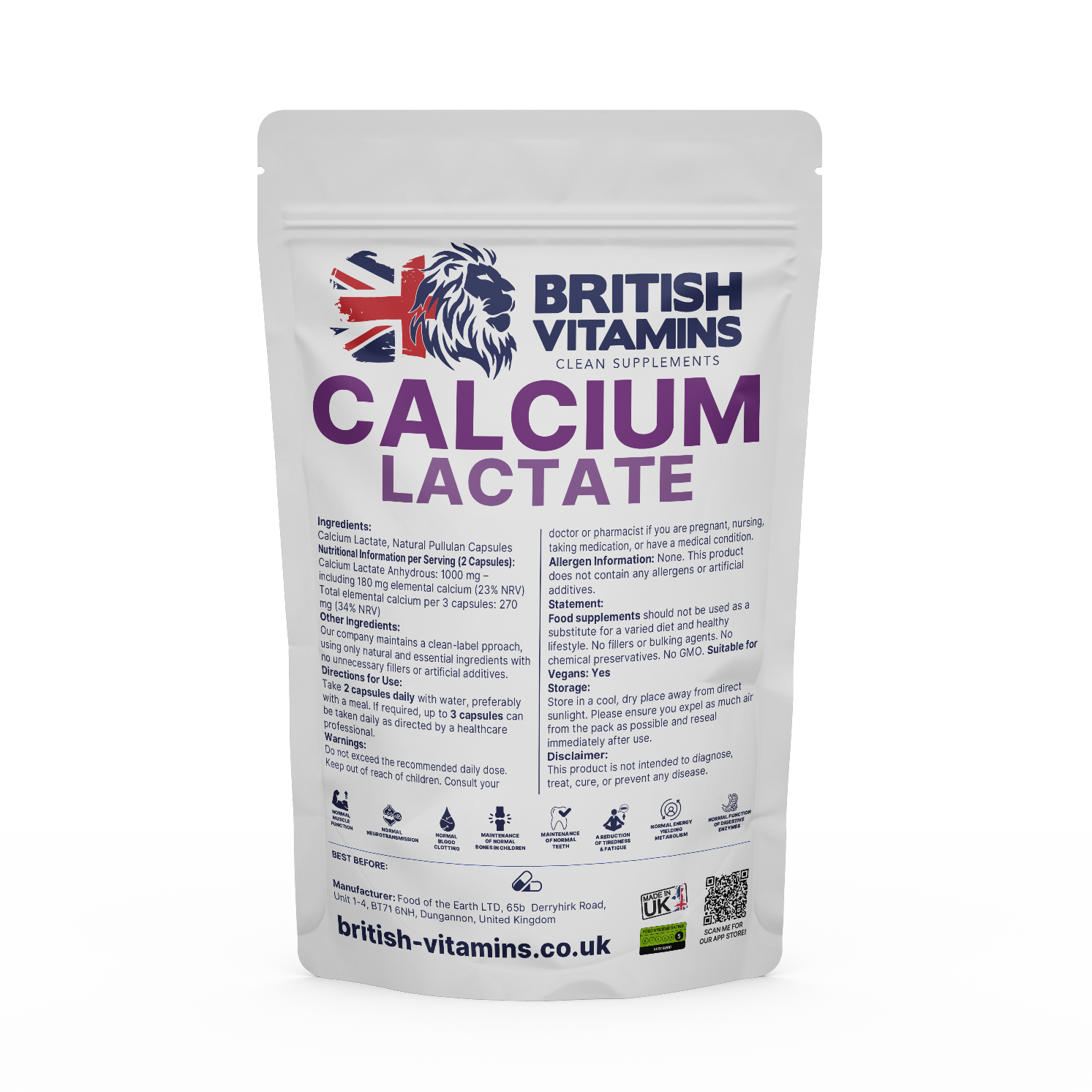 Calcium Lactate 1000mg 180mg Elemental Calcium Clean-Label British Vitamins 60 Capsules