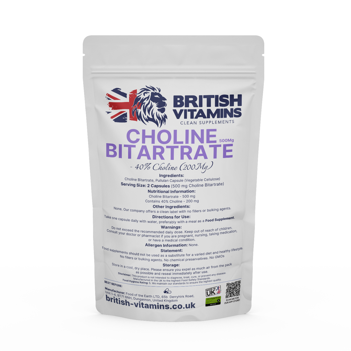 Choline Bitartrate 500mg Health & Beauty:Vitamins & Lifestyle Supplements:Vitamins & Minerals British Vitamins 5 Capsules (Sample)