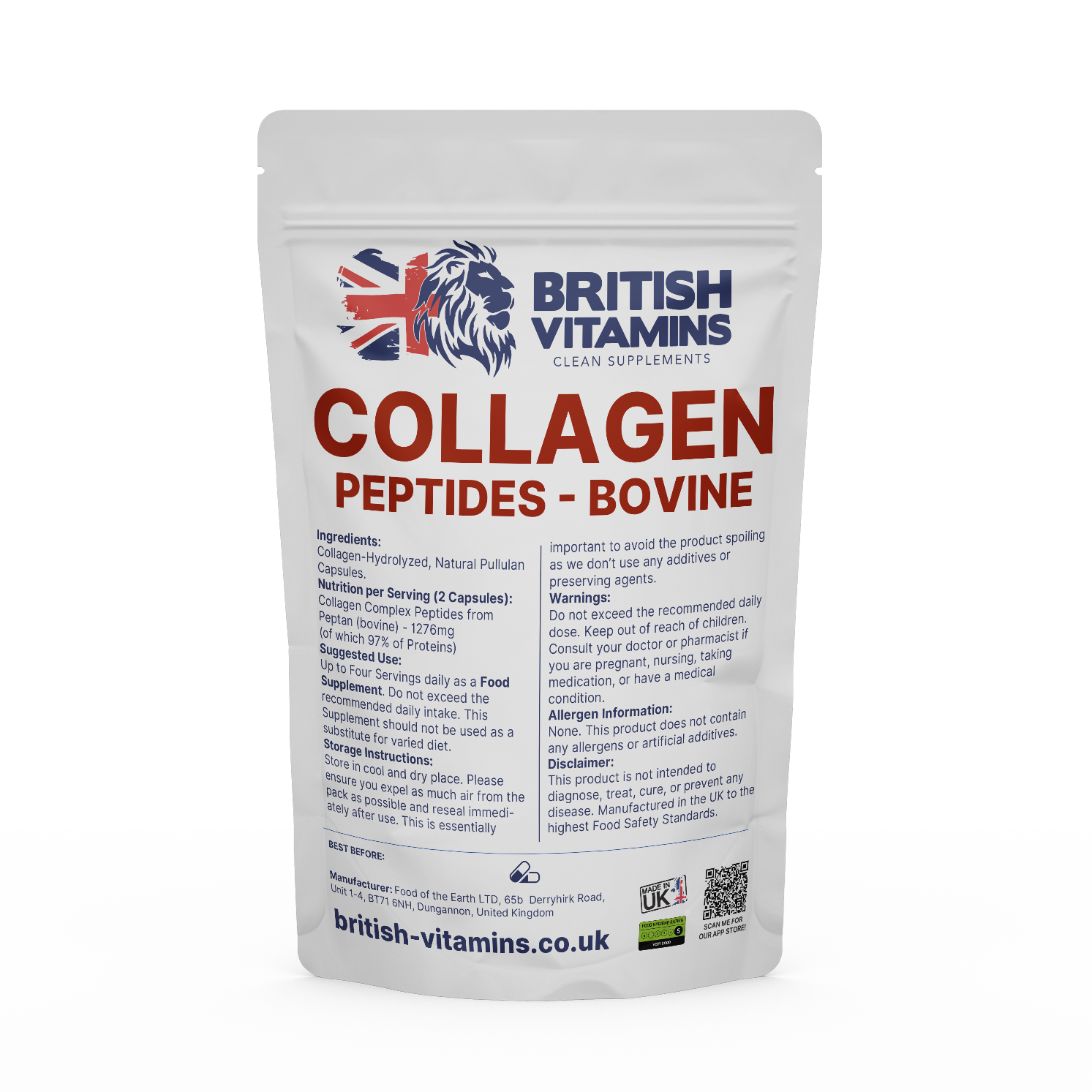 Collagen Peptides No Fillers Bovine Peptan British Vitamins 5 Capsules ( Sample )