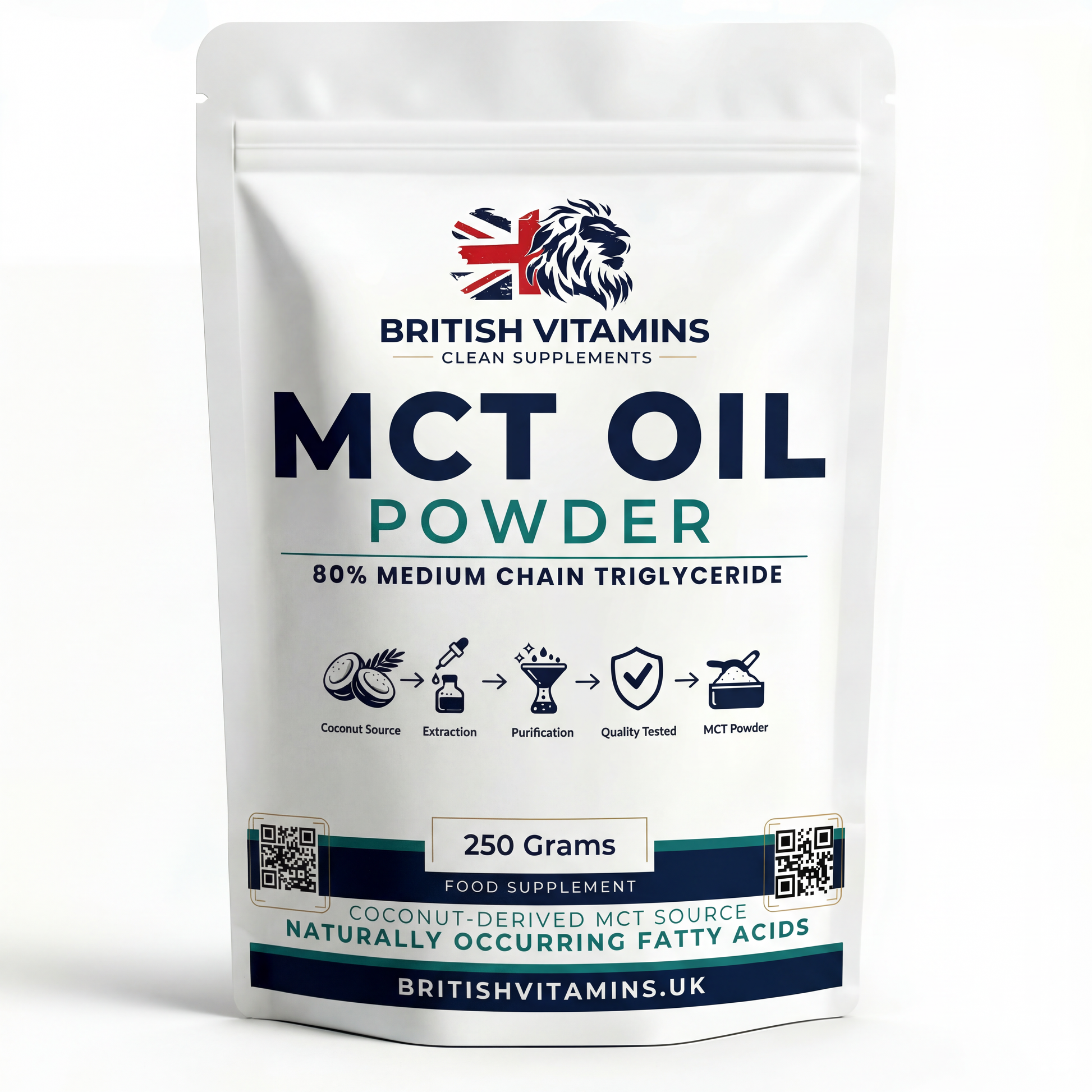 MCT Oil Powder Medium Chain Triglycerides from 100% Coconut Oil Clean-Label 250g British Vitamins 250g