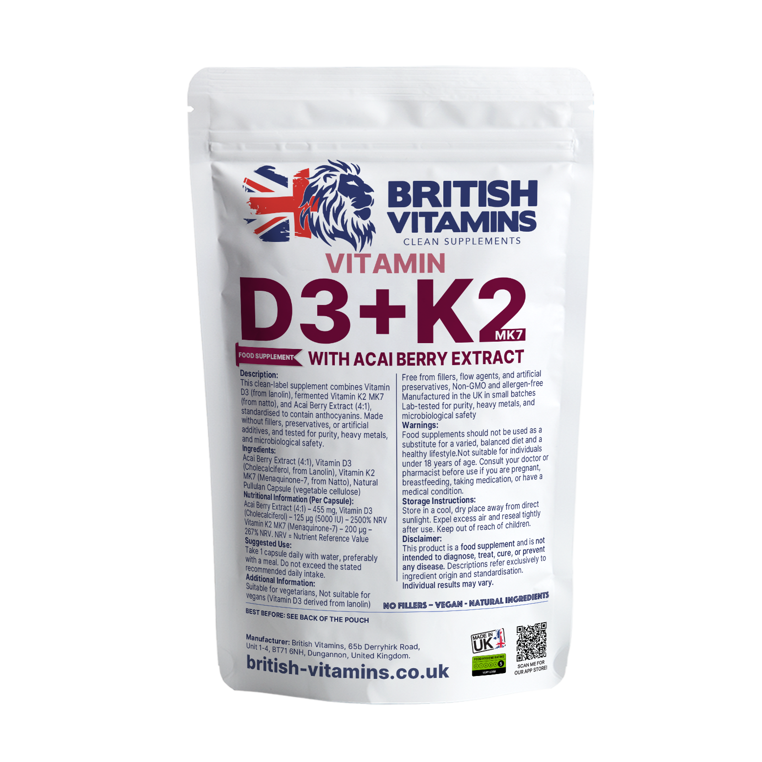D3 K2 MK-7 Vitamins Formulated with Acai Berry Health & Beauty:Vitamins & Lifestyle Supplements:Vitamins & Minerals British Vitamins 5 Capsules ( Sample )