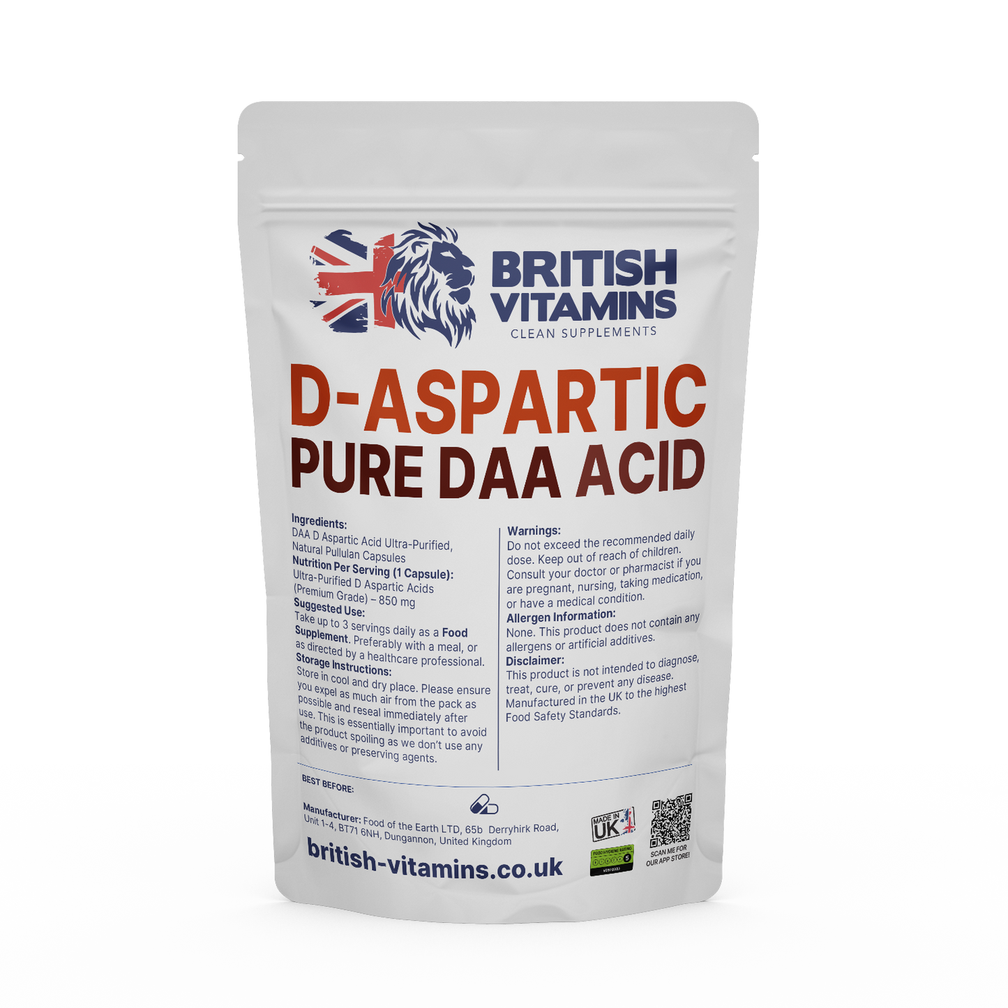 D Aspartic Acid DAA Health & Beauty:Vitamins & Lifestyle Supplements:Vitamins & Minerals British Vitamins 30 Capsules