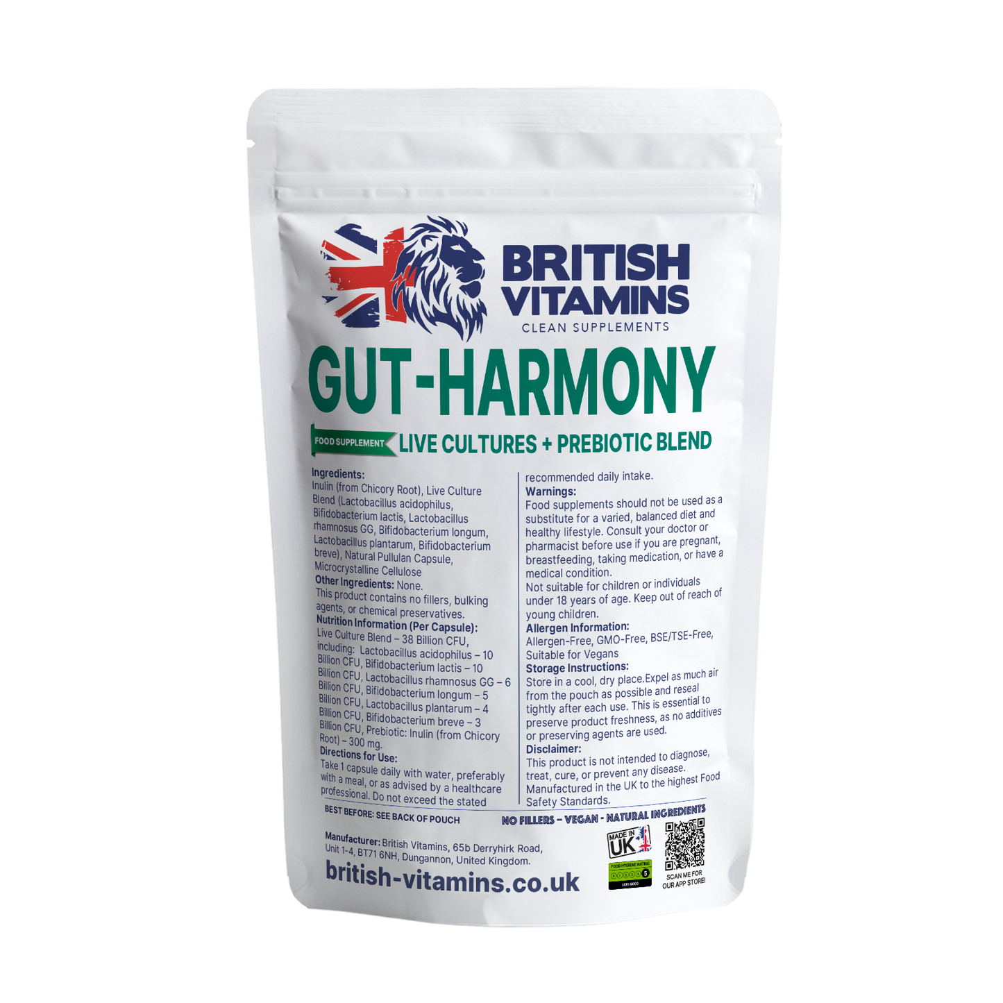 GUTHARMONY Live Cultures + Prebiotic Blend – 38 Billion CFU with Inulin (Clean Label) Health & Beauty:Vitamins & Lifestyle Supplements:Vitamins & Minerals British Vitamins 60 Capsules