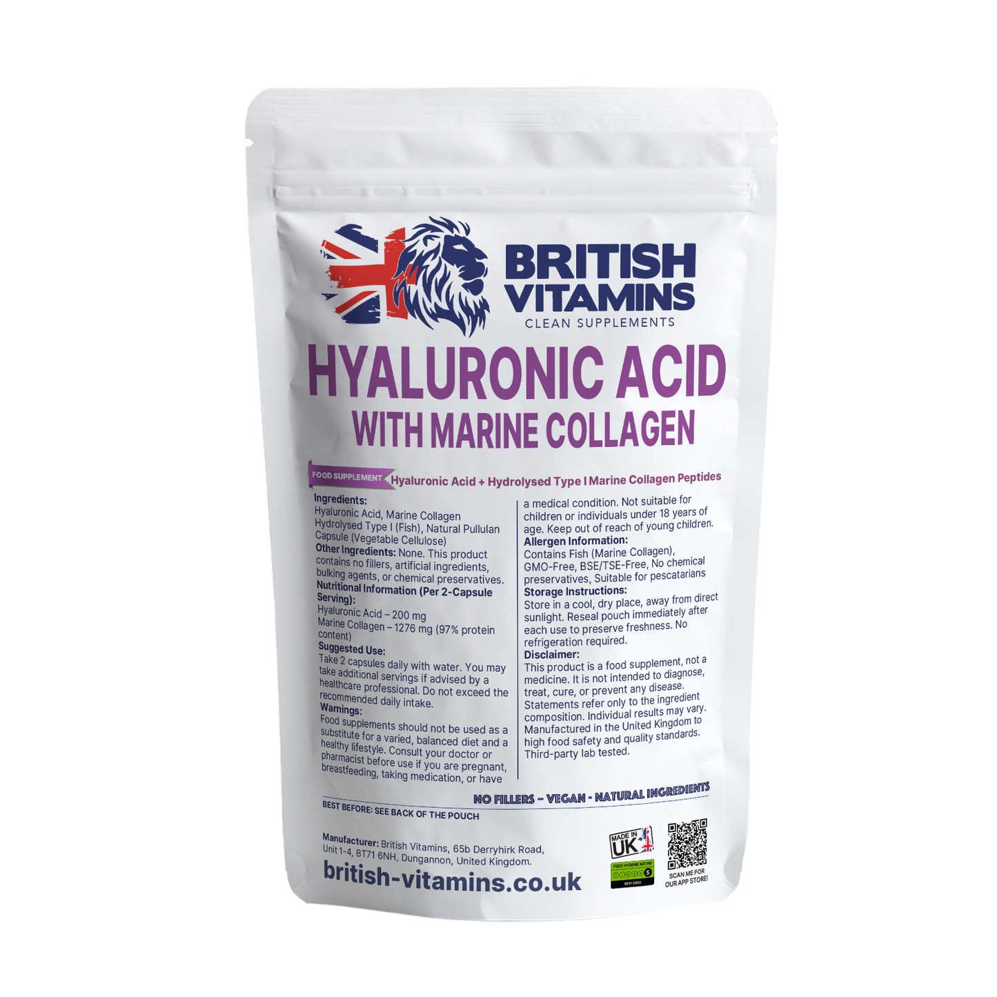 Hyaluronic acid + Type 1 Marine Collagen Complex No Fillers Proteins Health & Beauty:Vitamins & Lifestyle Supplements:Vitamins & Minerals British Vitamins 60 Capsules (1 Month Supply )