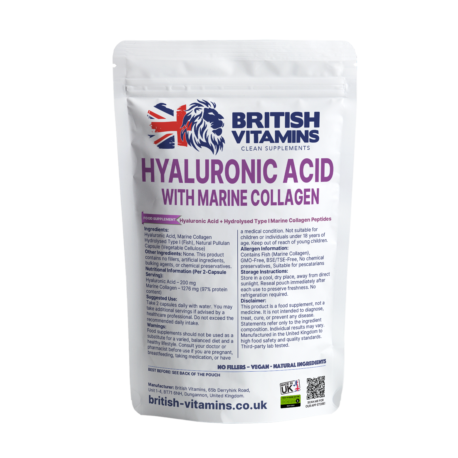Hyaluronic acid + Type 1 Marine Collagen Complex No Fillers Proteins Health & Beauty:Vitamins & Lifestyle Supplements:Vitamins & Minerals British Vitamins 60 Capsules (1 Month Supply )