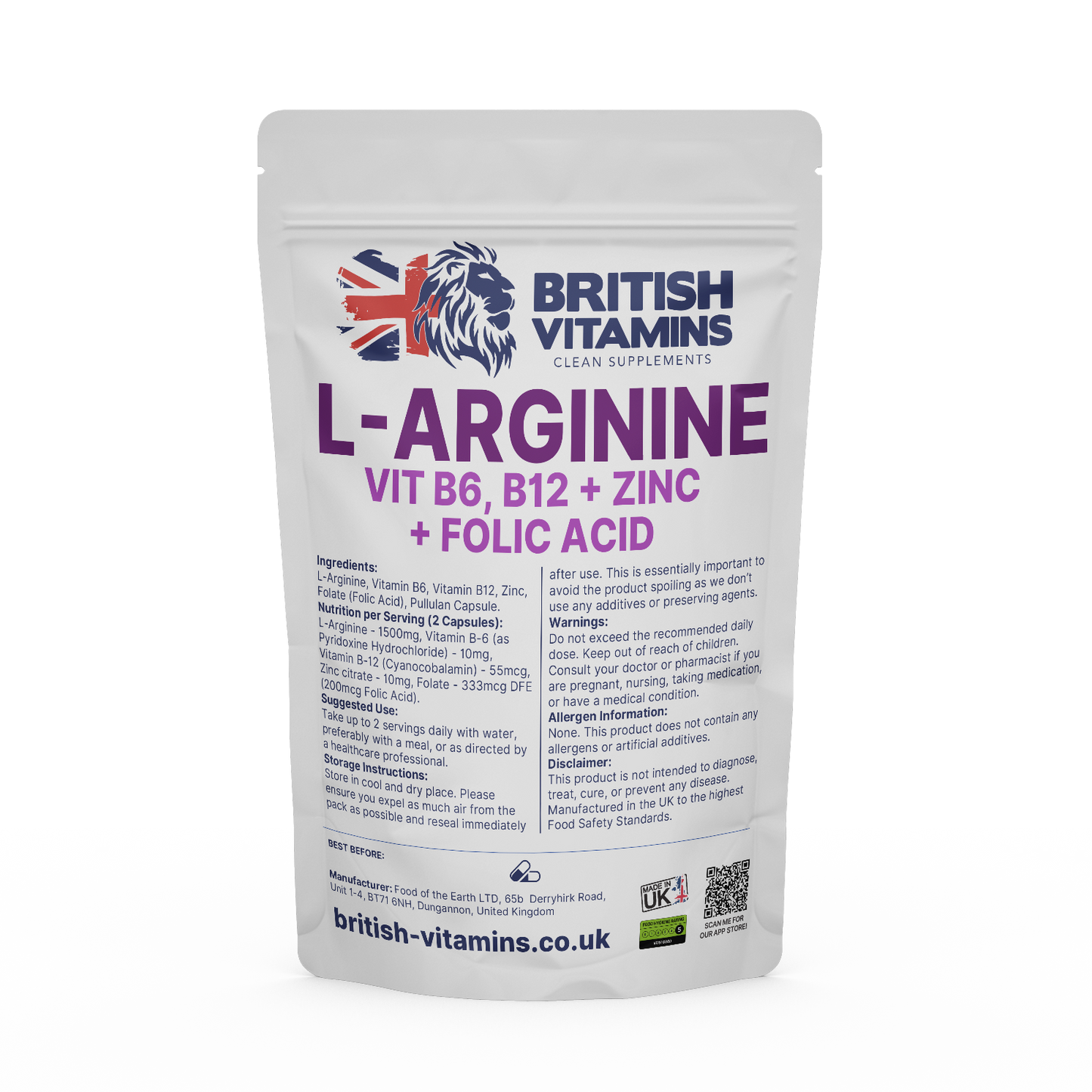 L-Arginine Complex – 1500 mg with B6, B12, Zinc and Folate Health & Beauty:Vitamins & Lifestyle Supplements:Vitamins & Minerals British Vitamins 60 Capsules
