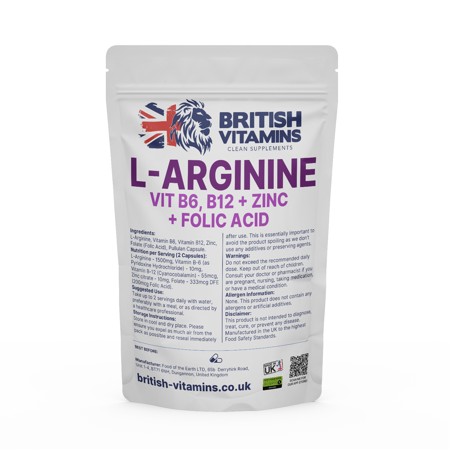 L-Arginine Complex – 1500 mg with B6, B12, Zinc and Folate Health & Beauty:Vitamins & Lifestyle Supplements:Vitamins & Minerals British Vitamins 60 Capsules