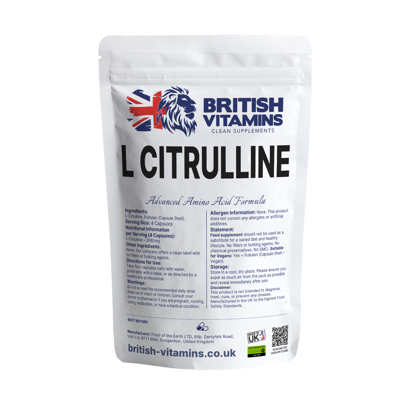 L-Citrulline – Pure Amino – 750mg – Natural Pullulan Capsules Health & Beauty:Vitamins & Lifestyle Supplements:Vitamins & Minerals British Vitamins 60 Capsules