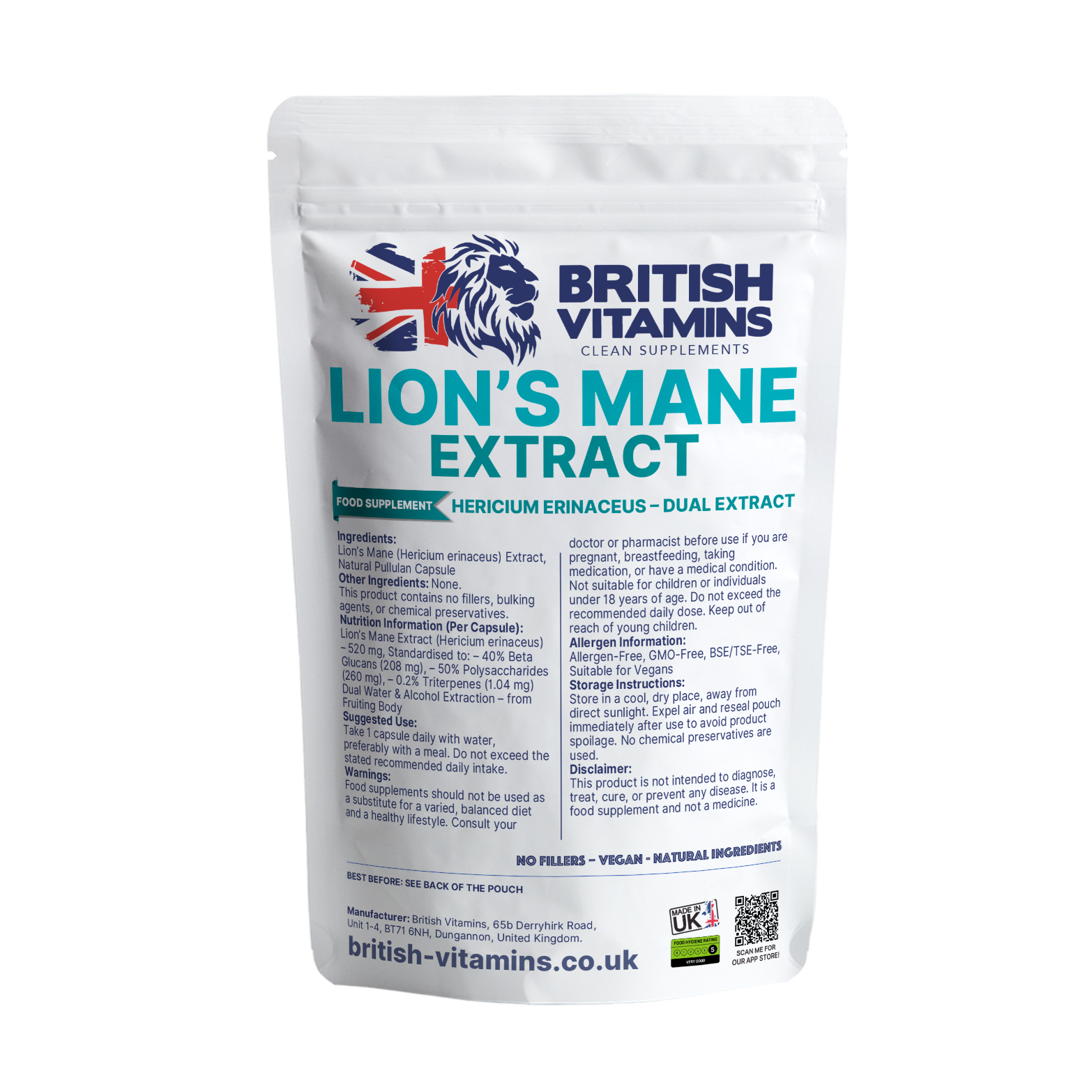 Lion’s Mane Mushroom Extract – 40% Beta Glucans, 50% Polysaccharides Triterpenes (naturally occurring)(Fruiting Body, Water-Extracted) Health & Beauty:Vitamins & Lifestyle Supplements:Vitamins & Minerals British Vitamins 5 capsules