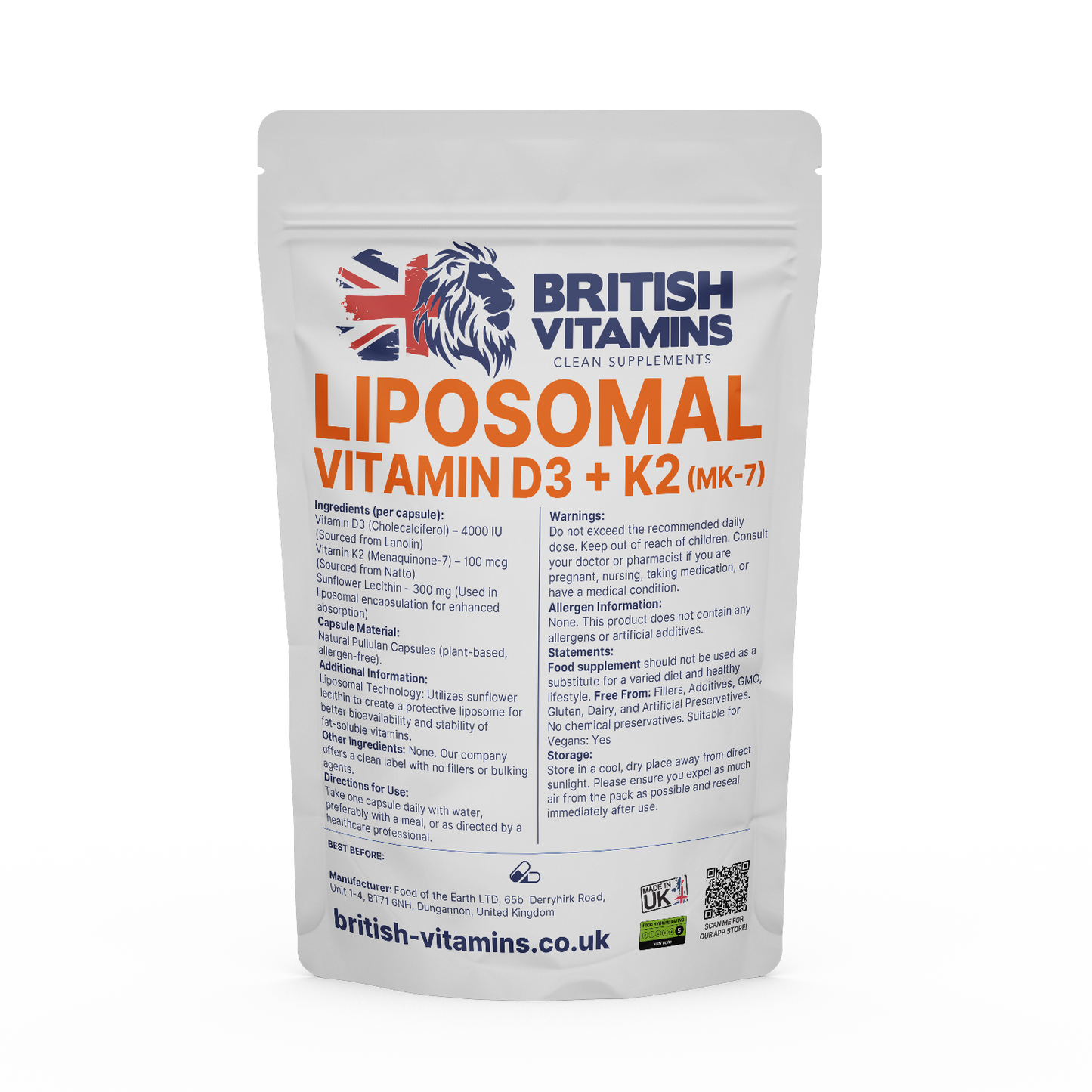 Vitamin D3 4000 IU with K2 MK-7 Liposomal Formula Food Supplement British Vitamins 60 Capsules