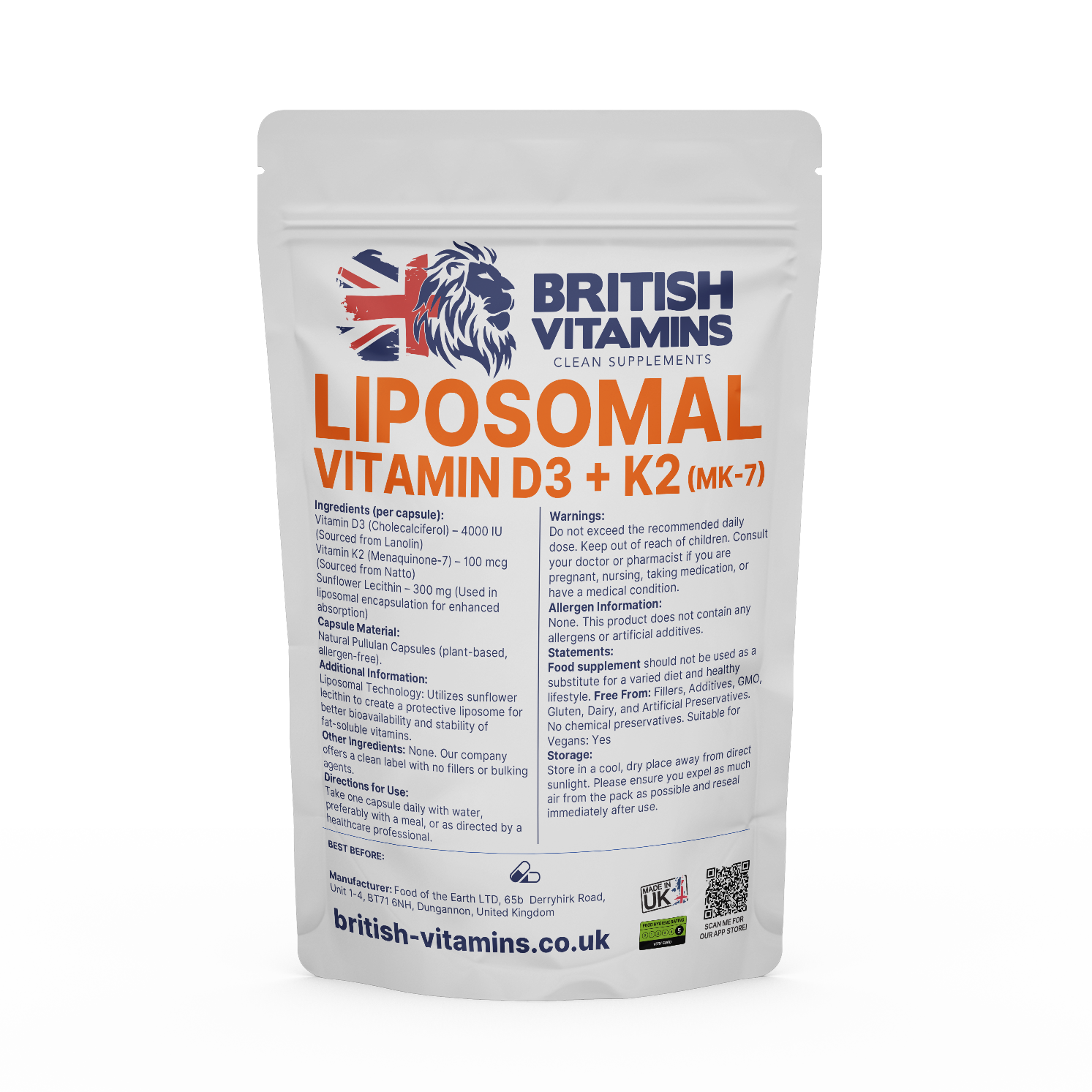 Vitamin D3 4000 IU with K2 MK-7 Liposomal Formula Food Supplement British Vitamins 60 Capsules