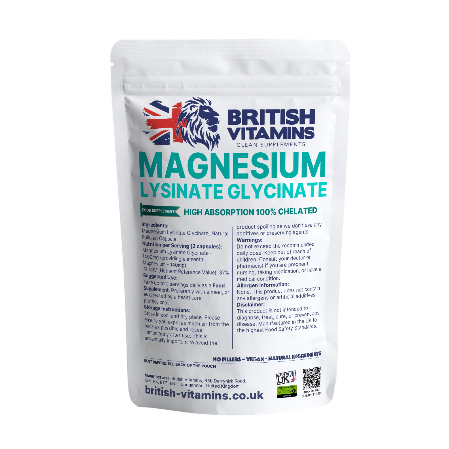 Magnesium Lysinate -Glycinate Health & Beauty:Vitamins & Lifestyle Supplements:Vitamins & Minerals British Vitamins 60 Capsules