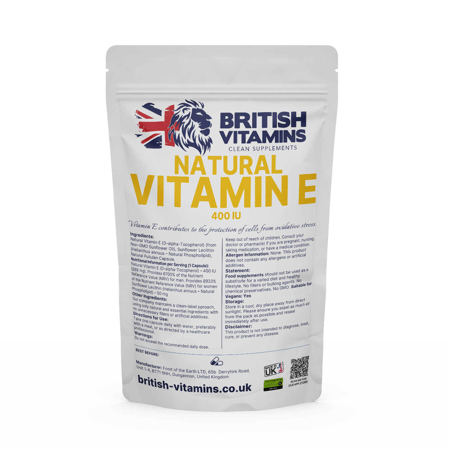 Natural Vitamin E 400IU 268 mg Vegan vi British Vitamins 90 Capsules