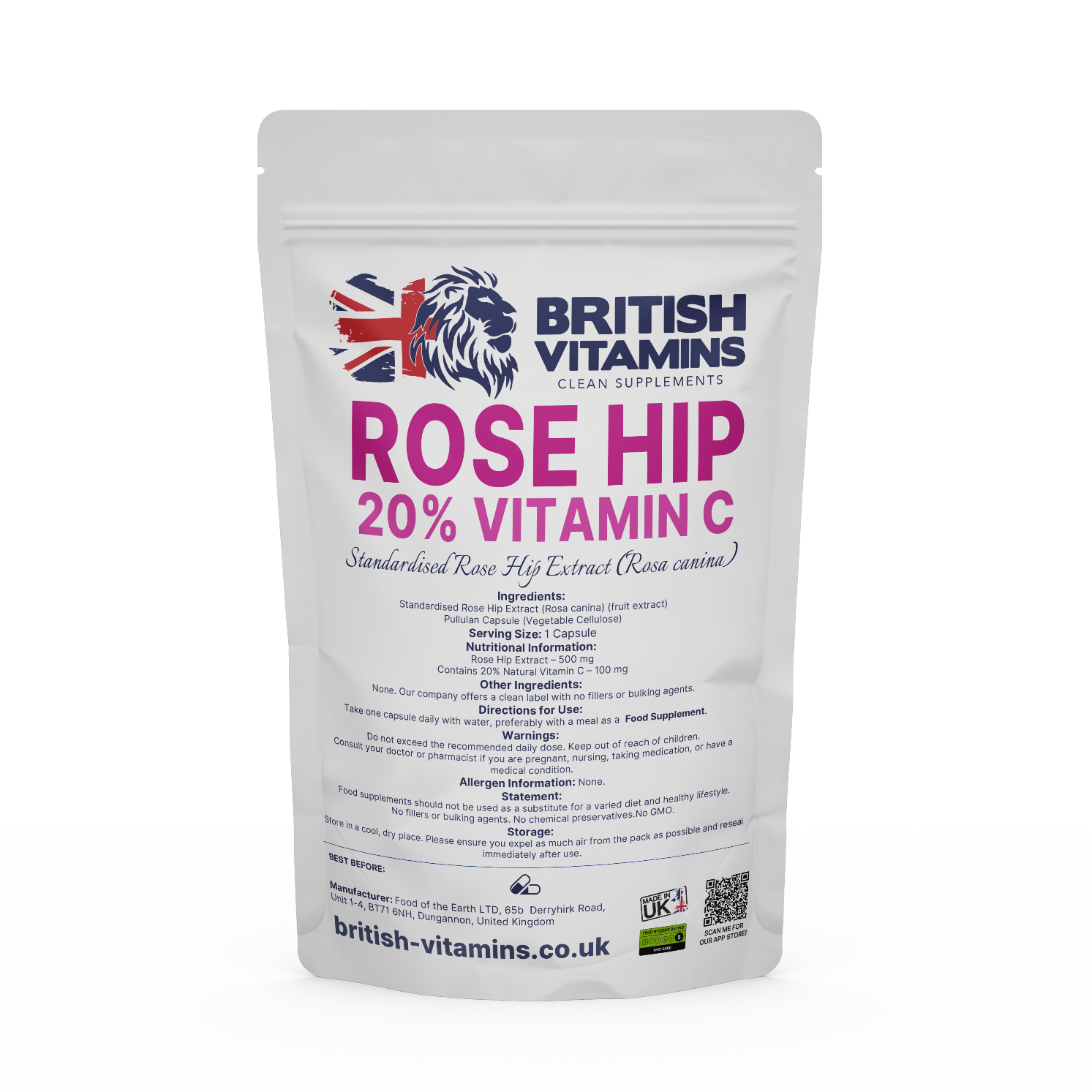 Rose Hips Extract – 500mg | Standardized to 20% Natural Vitamin C | Clean Label Supplement Health & Beauty:Vitamins & Lifestyle Supplements:Vitamins & Minerals British Vitamins 5 Capsules (Sample)