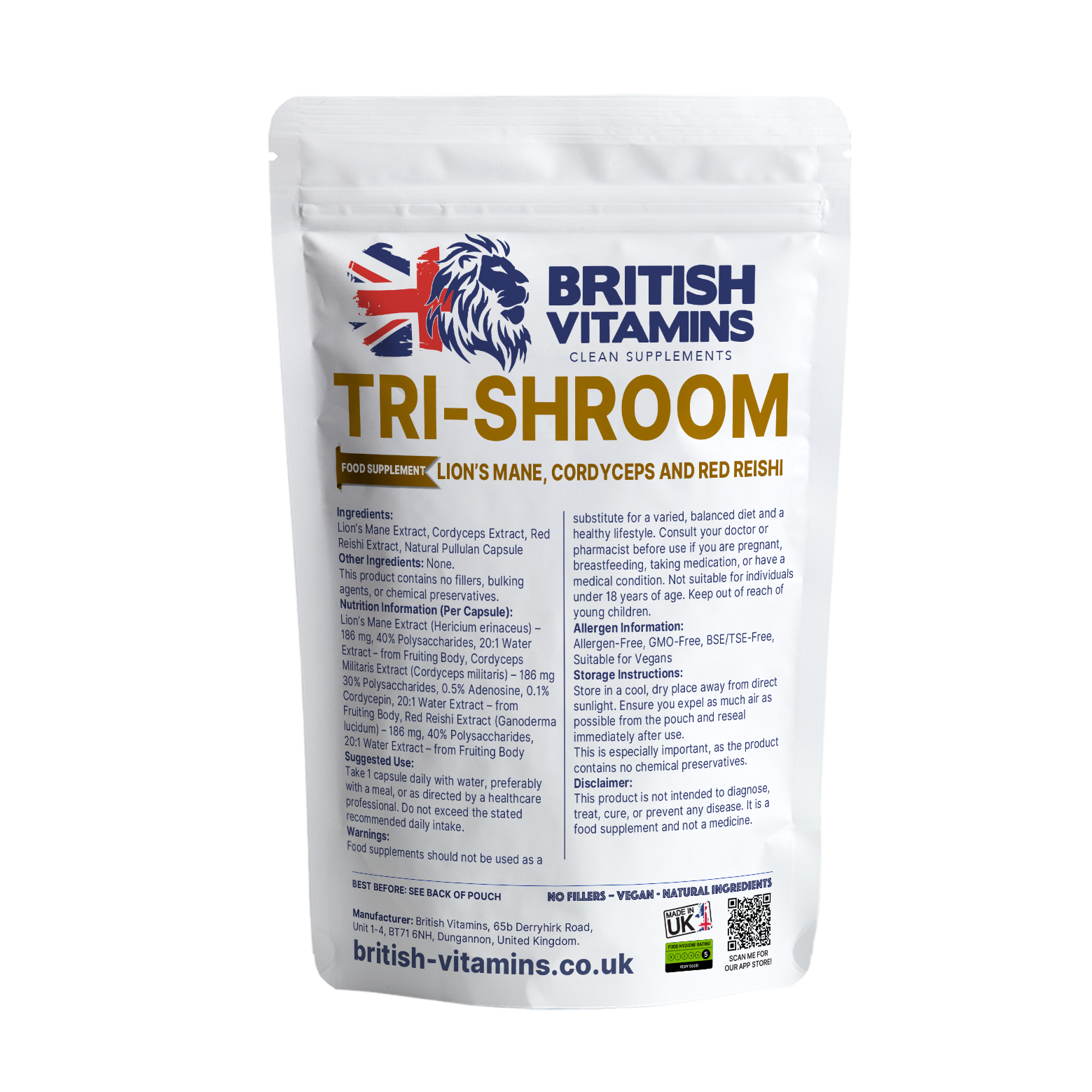 Trishroom - Lion's Mane, Cordyceps, Red Reishi, Mushroom Complex Health & Beauty:Vitamins & Lifestyle Supplements:Vitamins & Minerals British Vitamins 90 Capsules