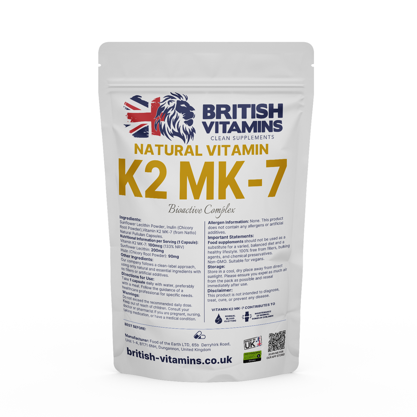 Natural Vitamin K2 MK7 British Vitamins 60 Capsules