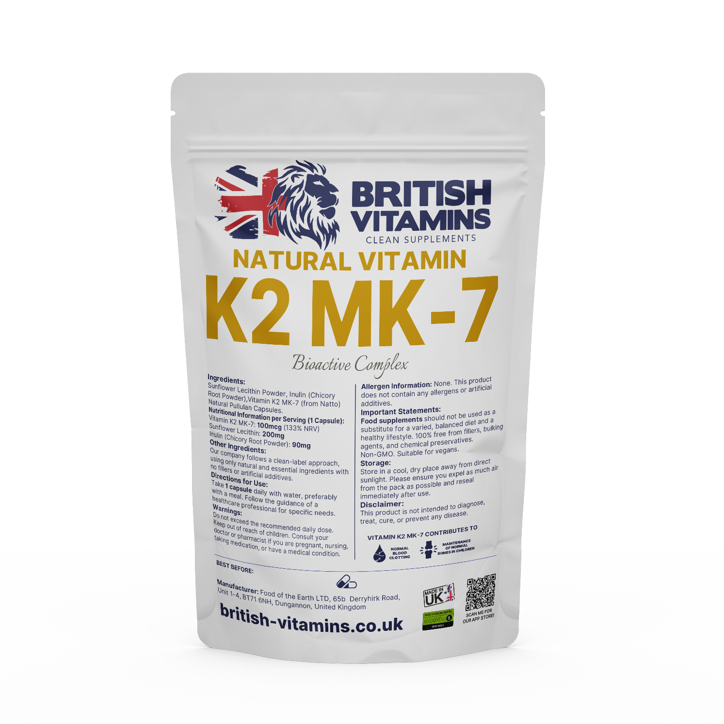 Natural Vitamin K2 MK7 British Vitamins 60 Capsules