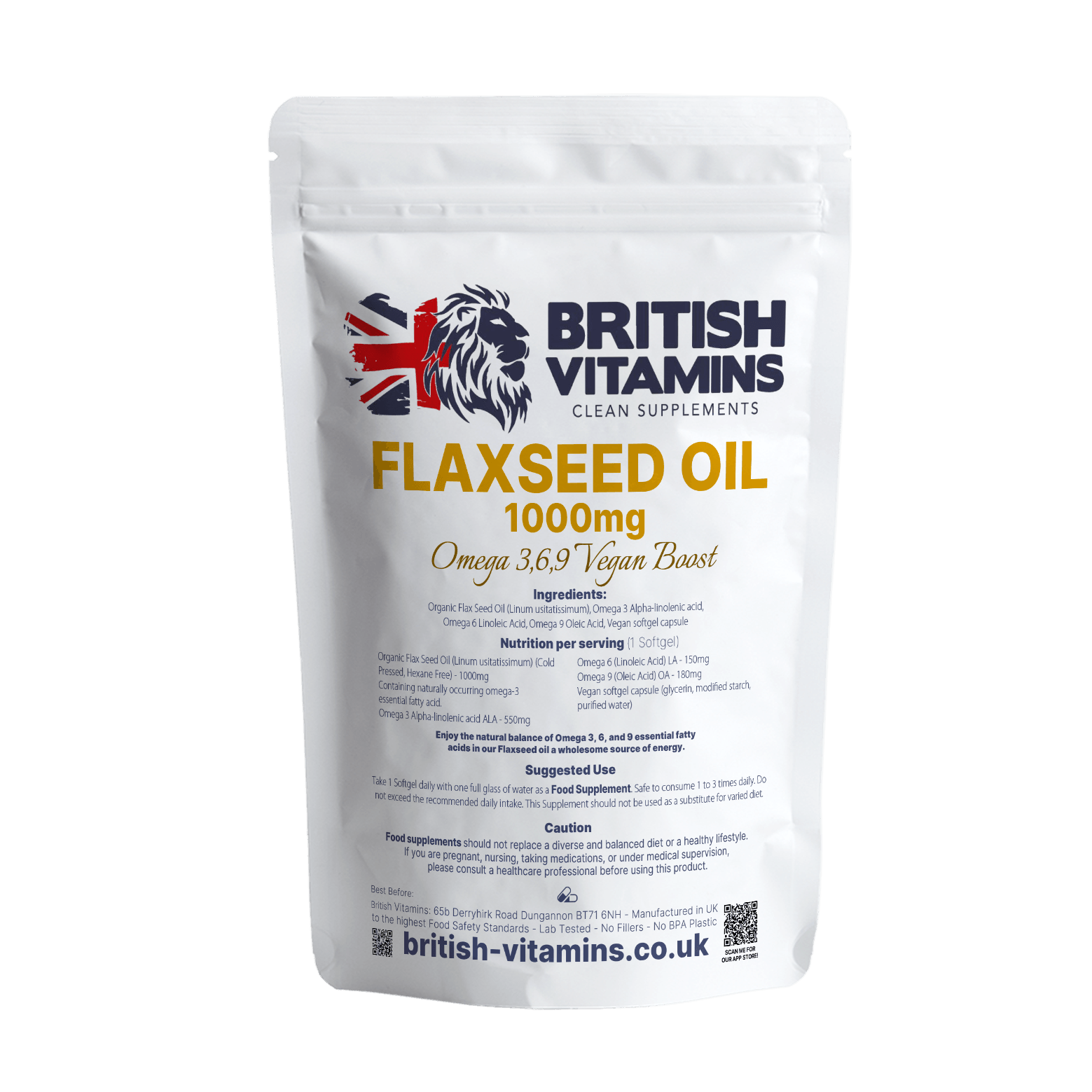 Flaxseed Oil 1000mg Omega 3, 6, 9 Food Supplement British Vitamins 60 softgels