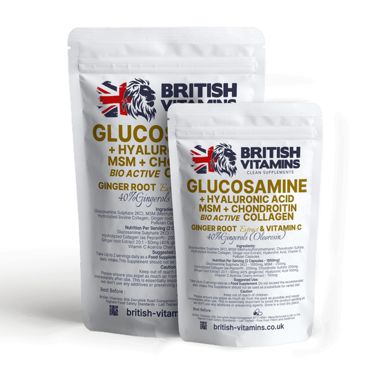 Glucosamine Complex – With MSM, Collagen + Hyaluronic, Chondroitin, and Vitamin C Ginger Health & Beauty:Vitamins & Lifestyle Supplements:Vitamins & Minerals British Vitamins 5 Capsules ( Sample )