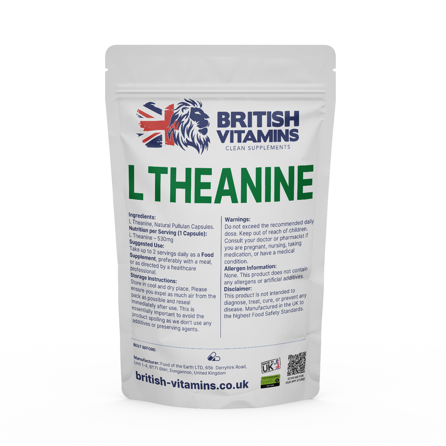 L Theanine 530mg Capsules Supplements No Fillers Health & Beauty:Vitamins & Lifestyle Supplements:Vitamins & Minerals British Vitamins 30 Capsules