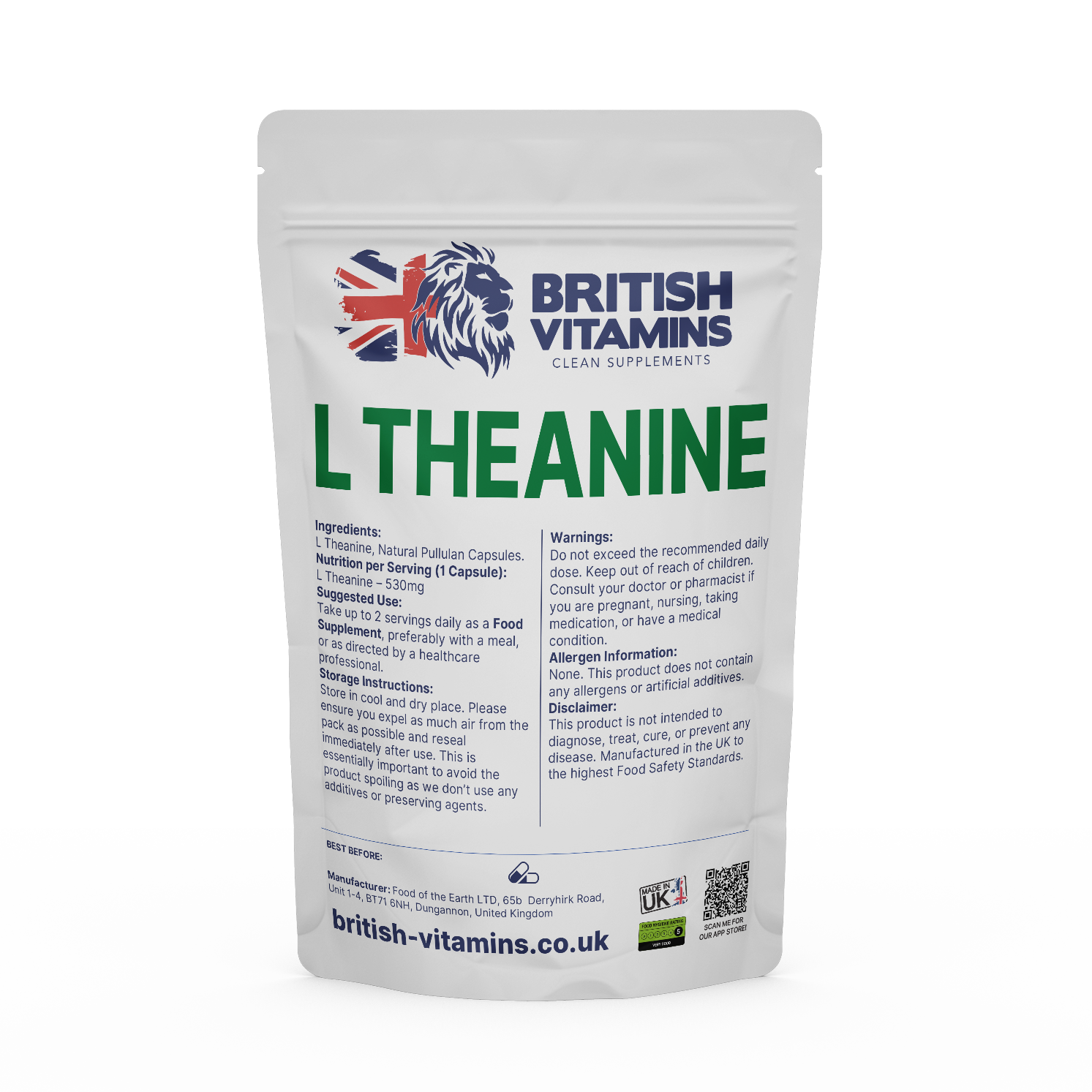 L Theanine 530mg Capsules Supplements No Fillers Health & Beauty:Vitamins & Lifestyle Supplements:Vitamins & Minerals British Vitamins 30 Capsules