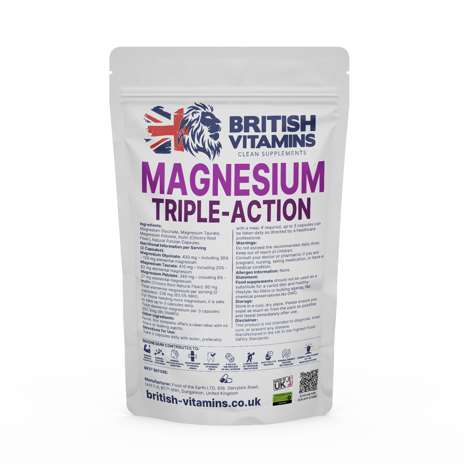 Magnesium Triple-Action Magnesium Taurate Glycinate Magnesium Pidolate Complex Health & Beauty:Vitamins & Lifestyle Supplements:Vitamins & Minerals British Vitamins 60 Capsules