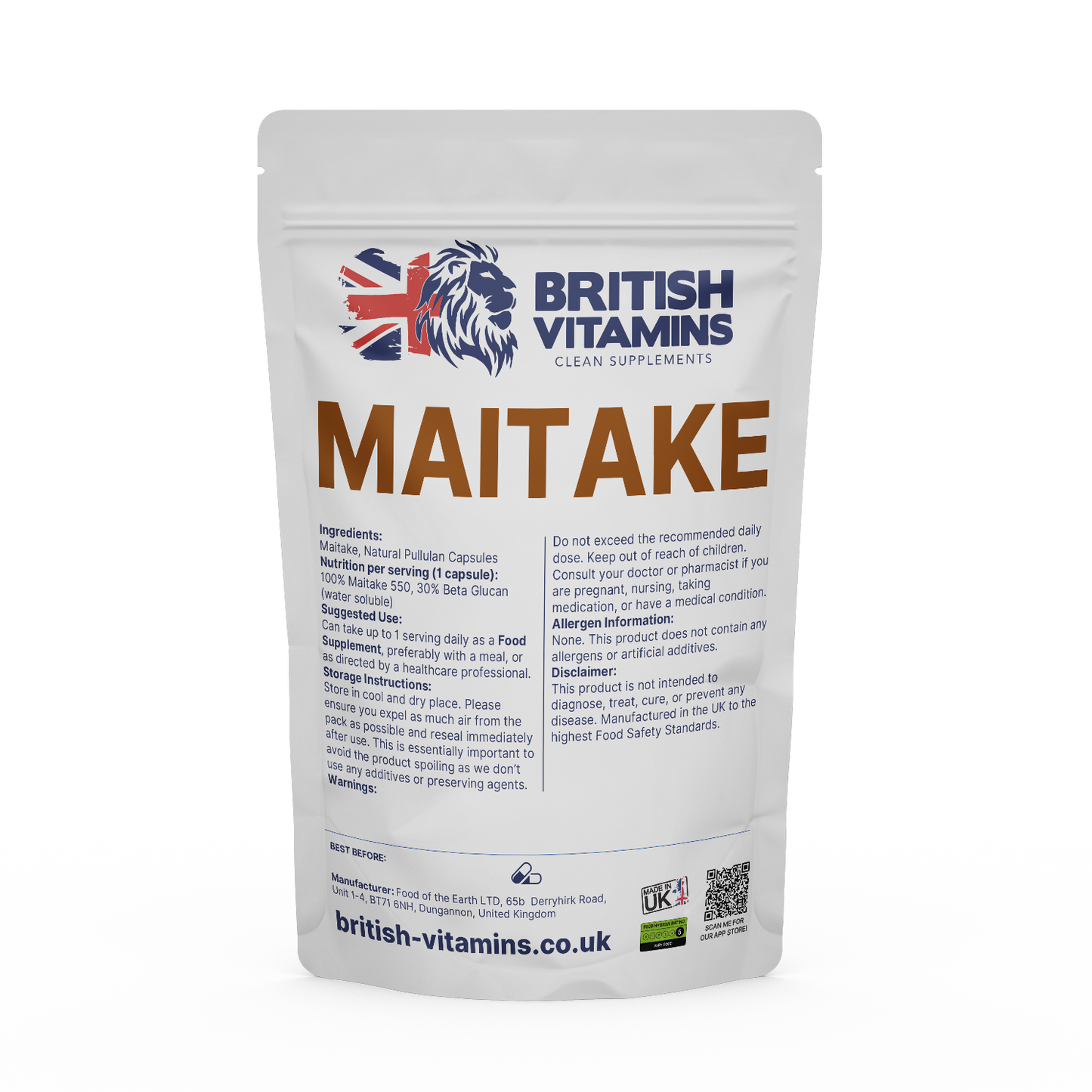 Maitake Mushroom 30% Beta Glucan Food Supplement British Vitamins 60 Capsules