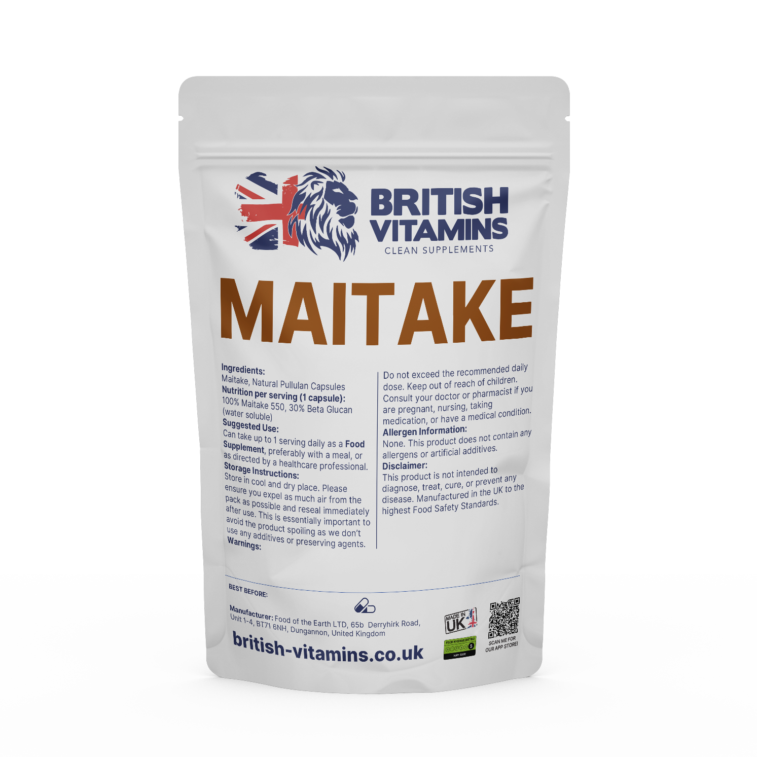 Maitake Mushroom 30% Beta Glucan Food Supplement British Vitamins 60 Capsules